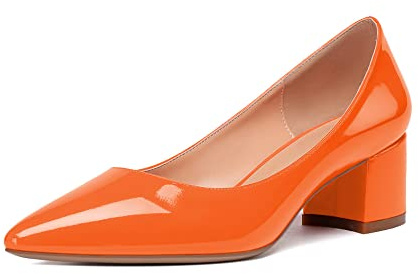 Mettesally Damen Klassische Pumps 5CM Spitze Zehen Elegant Komfort Freizeit Blockabsatz Schuhe Patent Orange EU40