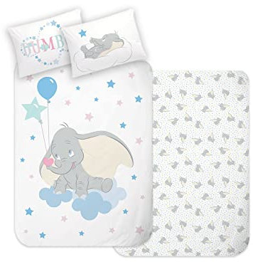 Disney Home Dumbo Babybettwäsche Set 100x135cm - Kopfkissenbezug 40x60cm - Wende Motiv - Kinderbettwäsche - Super weiche Renforce 100% Baumwolle, 2-teilig Dumbo, ÖkoTex Standard 100