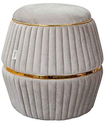 Qiyano Pouf Sitzhocker Hocker aus weichem Samtstoff in Zylinderform in Taupe mit Ziernähten und Kunstlederverzierung in Gold, Höhe ca. 52 cm, Durchmesser ca. 53 cm, Farbe: Taupe