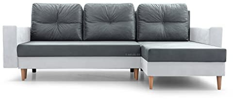 MOEBLO Ecksofa Carl – Ottomane Links und rechts montierbar, Couch für Wohnzimmer, Schlafsofa Sofagarnitur Sofa Eckcouch L-Form Wohnlandschaft, mit Bettkasten und Schlaffunktion Grau + Weiß Kunstleder
