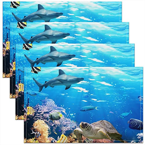 Meeresschildkröte Tischsets 30x45 4er Pack, Hai Esstisch Küche, Teens Ozean Tiere Fische, Schildkröte Regenbogen Coral, Öl Abwischbar & Kratzfest