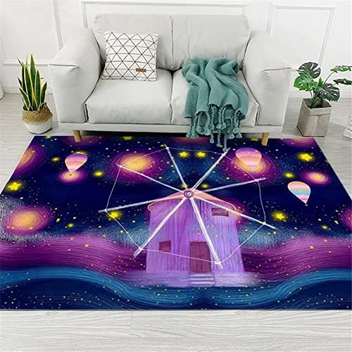 Tepich Teppich Küche Wohnzimmer Teppich Lila Cartoon Windmühle Muster Haltbarer Teppich Wasch Bar 50X80Cm Outdoor Teppich Balkon Lila