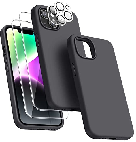 Dssairo [5-in-1 für iPhone 14 Hülle, mit 2 Displayschutzfolien + 2 Stück Kameraobjektivschutz, Flüssigsilikon, ultradünn, stoßfest, Schutzhülle [Mikrofaser-Futter] 6.1 (Space Gray)
