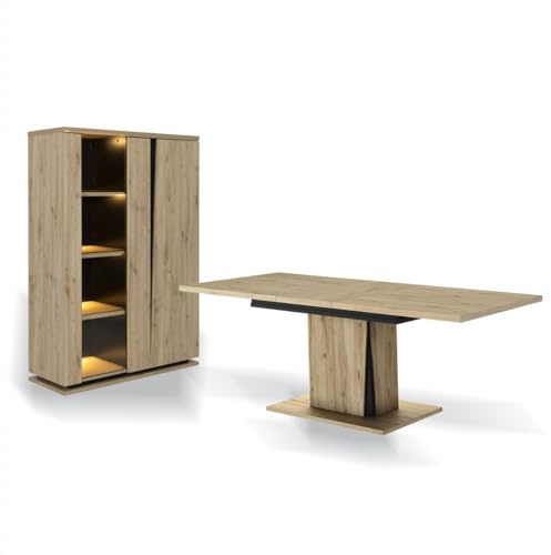Ensemble vaisselier 2 portes avec éclairage et table à manger extensible Crack - Fabrication Française