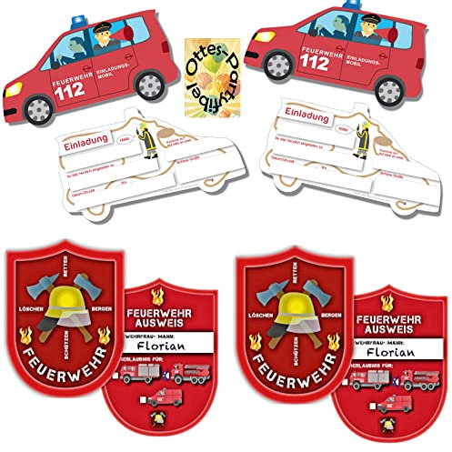 HHO Feuerwehr-Party-Spar-Set - 6 Einladungen + 6 Feuerwehrausweise (# Sparset 3)