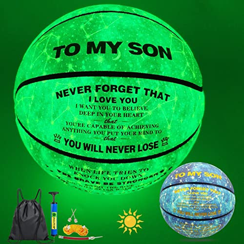 MILACHIC Basketball, To My Son, personalisierbar, leuchtet im Dunkeln, Basketball-Geschenk, leuchtender Basketball, blau, Größe 7 (74,9 cm), für drinnen und draußen