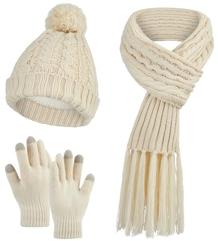 DiaryLook Mütze Schal Winter Handschuhe sets für Damen Strick set Fleece Loop Damen Schals Winterschal Knitted Pom Pom Cap,Beige