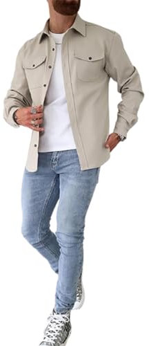 LXURY Veste Chemise boutonnée pour Hommes, Manteau de Travail en Coton, surchemise boutonnée, Coupe ajustée à Manches Longues pour Hommes (Light Apricot,L)