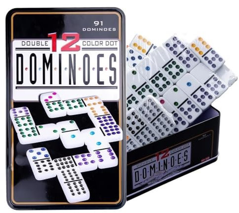 COSHANO Dominó Doble 12 Puntos de Colores Juego 91 fichas Caja de Metal incluida Dominoes.
