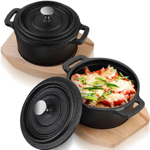 Suttmin 2 Sets 8 oz Dutch Oven Pot with Lid and Wooden Base Pre Seasoned Cast Iron Casserole Mini Cast Iron Pot Round Cocotte with Handle Heavy Duty Casserole Dish for Grill Oven Black