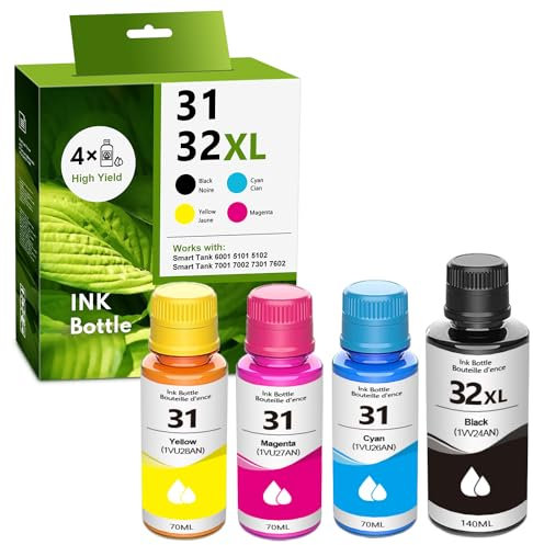 32XL/31 Black Cyan Yellow Magenta High Yield Ink Refills 4/Pack - 1VV24AN 1VU26AN 1VU27AN 1VU28AN Replacement for HP 31 32XL for Smart Tank 5101 5102 6001 7001 7002 7301 7602 Plus 651 551 Ink Tank