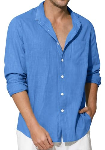 Enlision Mens Royal Blue Linen Shirts Long Sleeve Henley Shirts Cotton Casual Button Down Beach Summer Shirt Banded Collar Holiday with Pocket L