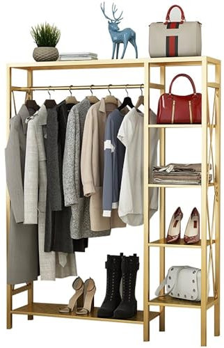 Metall Kleiderständer, Multifunktional Schwerlast Garderobenständer mit 4 Ebenen und Kleiderstange, Offener Kleiderschrank, Storage Shelf, Rahmen aus Metall, Gold(90/120/150cm)