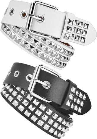 NAROSEBE Partielle 2 Stück Nietengürtel Damen Herren Nietenguertel 115cm Nieten Gurtel Gürtel mit Nieten Schwarz Nietengürtel Weiß Pyramide Gothic Ledergürtel Punk Pyramide Nietengürtel