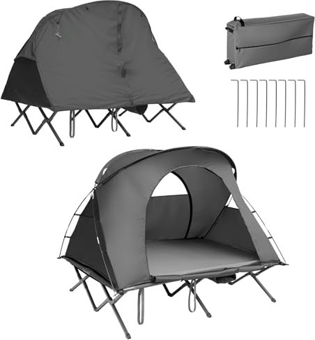 HOMASIS 4 in 1 Campingzelt für 2 Personen, erhöhtes Doppelzelt mit Feldbett, Kuppelzelt mit aufblasbarer Matratze, wasserdichtes Zelt mit Regendecke & Tragetasche, 194 x 146 x 160 cm (Grau)