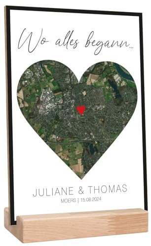 GRAVURZEILE Personalisiertes Bild auf Holz - Wo alles begann - Mit deinem Wunschort - Ideal als Hochzeitsgeschenk - Personalisierte Geschenke für Frauen - Geschenk zum Jahrestag - Satellit
