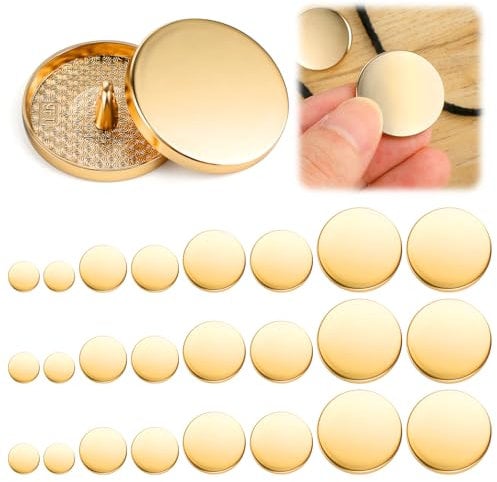 AOZUO 24 Stück Metall Flache Knöpfe Gold,Goldene Knöpfe Zum Annähen,10mm 15mm 20mm 25mm Jeansknöpfe Runder Geformter Nähender Knopf Hemd Anzug Hose Taste Jacken