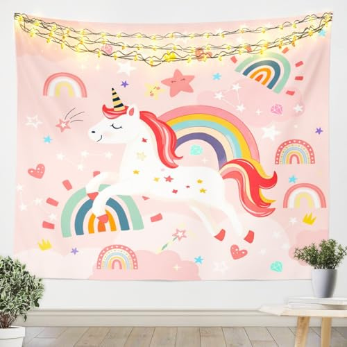 Loussiesd Einhorn Wandteppich 130x150cm Niedliche Regenbogen Einhorn Wandteppich Für Mädchen Kinder Tapestry Cartoon Rosa Stern Traumhaft Wandkunst Raumdekoration