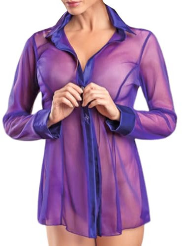 FUIPVGI Camicia Velata Sexy da Donna, Camicetta Trasparente a Maniche Lunghe, Pigiama Sexy in Camicia da Notte, Camicie Larghe Trasparenti,per la Camera da Letto delle Donne Cattive. (Viola, XL)