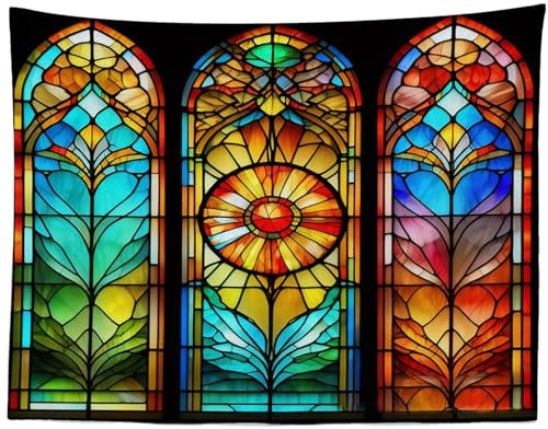 Loccor Gotischer Buntglas-Fenster-Tapisserie, Vintage-Stil, Kirche, Kathedrale, buntes Glas, Fenster, Wandbehang, Wandteppich für Religion, Kinder, Erwachsene, Zuhause, Schlafzimmer, Wohnzimmer,