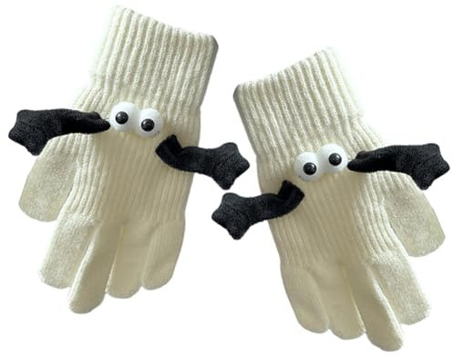JAWSEU vintervarma magnetiska handskar, magnetisk handhållning handskar roliga par hålla händer stickade varma handskar handloves handhållna partnerhandskar med magnetiska händer gåva för par, Vit, M
