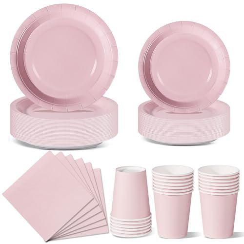 Nkaiso Anniversaire Vaisselle de fete 96 Pièces Rose Party Assiettes en Papier Set Assiettes de Fête Jetables Papier Tasses Serviettesr, pour Barbecue les Fêtes les Pique-niques -24 Invités