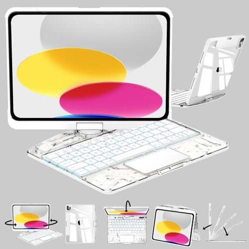 CNAIDUNR Transparent 360°Rotatable Keyboard Case for 2024 iPad Pro 13-in.(M4),Clear Hard PC Back,Trackpad,Pencil Holder,7 Color Backlight,White