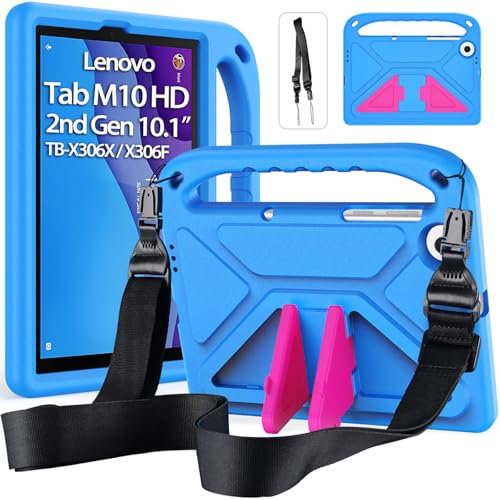 RollinCase Kids Case for 2020 10.1 Inch Lenovo Tab M10 HD (2nd Gen) TB-X306F/X306X, Eva Lightweight Shockproof Protective Case with Children's Handle and Shoulder Strap, Blue