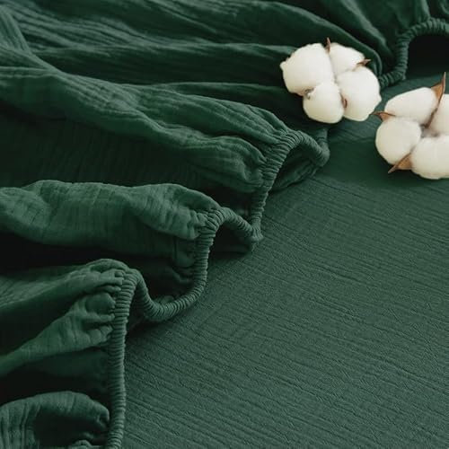 Gezu Muslin Spannbettlaken 140x200cm Grün Dunkelgrün 100% Baumwolle aus aktmungsaktivem Material Temperaturregulierend Doppelte Muslin Bettlaken Spannbetttuch 140x200 für Hohe Matratze bis 15-30cm