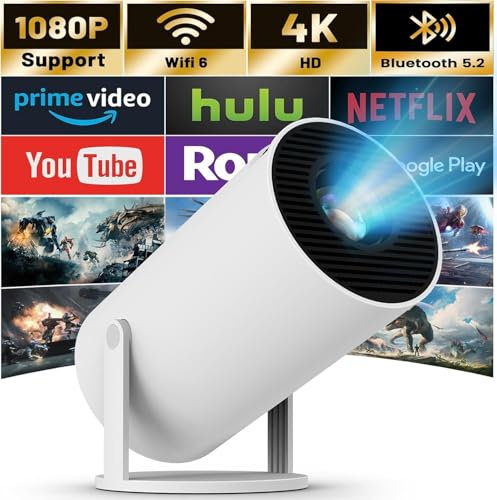 2025 Mini Projecteur 4K 1080p HD Projecteur Puce intelligent, Videoprojecteur portable avec WiFi 6 5G Bluetooth 5.2,180 ° Rotation 130 '' Projecteur de film à écran Auto pour iPhone/Androïde