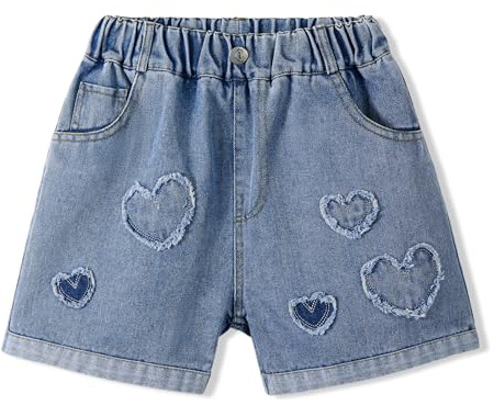 Rolanko Shorts en Jean pour Filles Taille Élastiquée Été Déchirés Jeans Courts avec Poches pour Enfants, Patchwork du Cœur, Taille: 7-8 Ans, 130