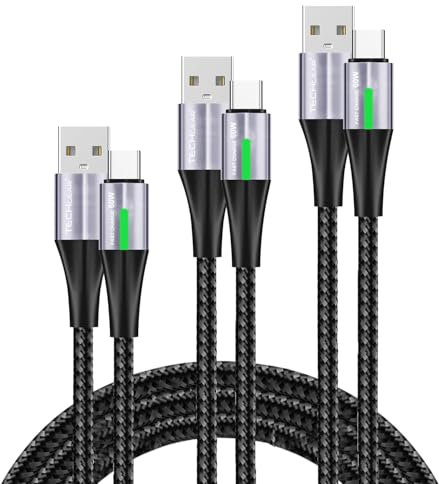TECHGEAR 60W USB C Charger Cable, LED Light Indicator [3 Pack 0.3+1+2m] USB A to C Fast Charging, Type C Braided Cable for iPad A16/Air/Pro, iPhone 17/16/15 Pro, S25 S24 Ultra, Pixel, PS5, Switch etc