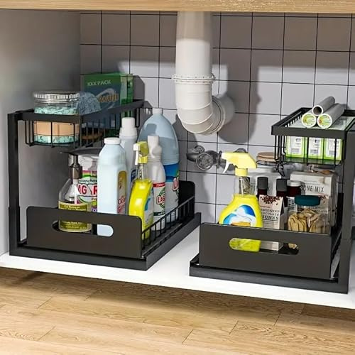 Marimor Spülschrank Organizer Ausziehbar, Ausziehbarer Untertisch-Organisator für Küchen Schränke, 2 Etagen Metall Unter Waschbecken Regal Spülenunterschrank Organizer, (Schwarz 2er-Pack)