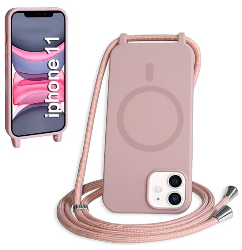 FMPCUON Magnética Funda con Cuerda para iPhone 11 Compatible con Magsafe,TPU Antigolpes Protectora Silicona Case Carcasa con Ajustable Cordon Colgante Cadena,Rosa