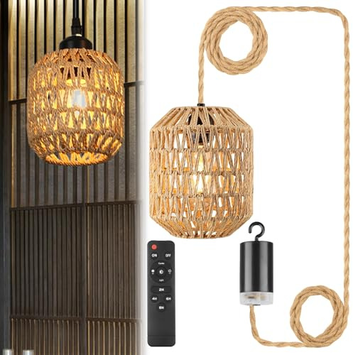 GOMETY Hängelampe mit Batterie Outdoor, Boho Rattan Pendelleuchte Akku mit Fernbedienung, E27 Hängeleuchte ohne Stromanschluss, Rattan Hängelampe für Garten, Terrasse, Patio, Wohnzimmer, Schlafzimmer