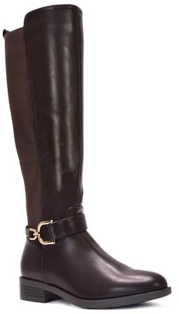 ESSEX GLAM Women's Knee High Boots Ladies Brown Synthetic Leather Buckle Flat Low Heel Elasticated Calf Leg Riding Shoes Size 3