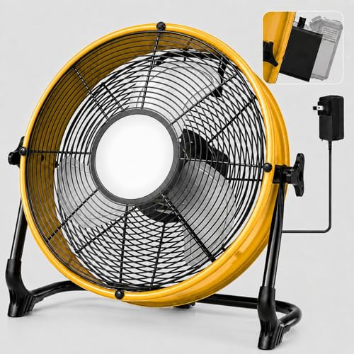 T-SUN Ventilateur sans fil à batterie de 40,6 cm compatible avec batterie Dewalt 18V/20V, ventilateur de sol portable avec lumière LED, port USB Type C, vitesses sans paliers, ventilateur industriel