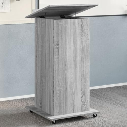 Owoxanthellate Rednerpult auf Rollen Grau Sonoma 55x55x107 cm Holzwerkstoff Neigbare Oberplatte mit Schublade & Fächern Mobiles Büro-Konferenz-Pult für Home Office Seminare