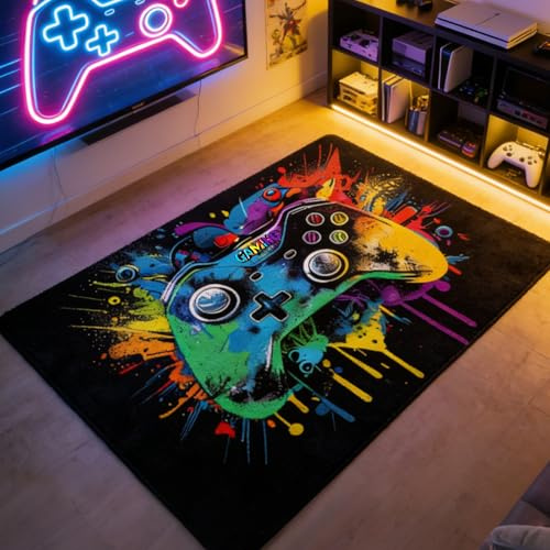 Leseogye Gaming Teppich Game Controller Design, rutschfest Kristall-Samt Gamer Fußmatte, Spielkonsolen-Teppich, Neon Farben, Coole Deko für Jungen Teenager Schlafzimmer Wohnzimmer 80x120cm (D)