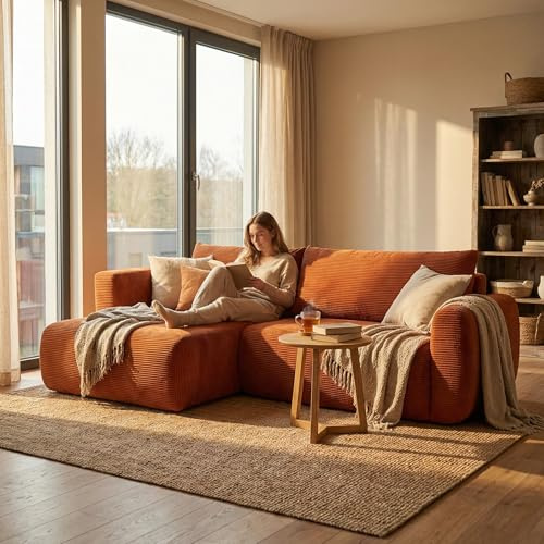 mymai Ecksofa mit Schlaffunktion - 240cm Corduroy Modulares Schlafsofa, L Form Couch, Sofa 3 Sitzer, Sektionssofas für Wohnzimmer, Keine Montage erforderlich (Orange)