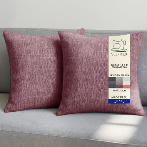 Selfitex 2er Set Sofakissen 50x50 cm, inkl. Füllkissen, gewebter Canvas Stoff, Matte & strukturierte Oberfläche, weiche Polyester Füllung, in Handarbeit gefertigt – Made in EU (Weinlila)