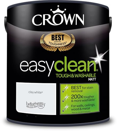 Crown Easyclean Matt Emulsion Paint Clay White 5L – Washable & Wipeable Interior Wall Paint
