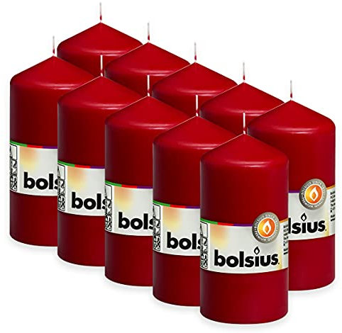 Bolsius Glatte Stumpenkerzen - Weinrot - Set 10 Stück - Dekorative Haushaltkerzen - Länge Brenndauer 33 Stunden - Unparfümierte - Natürliches Pflanzenwachs - 12 x 6 cm