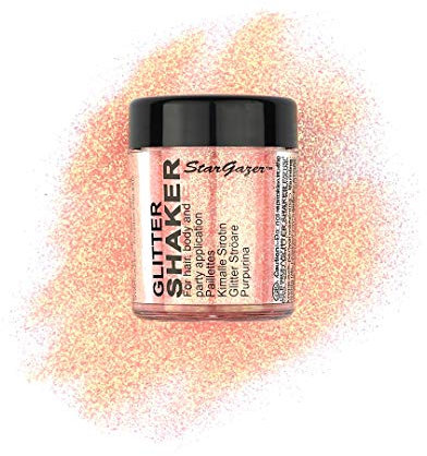 Stargazer UV Glitter Shaker, Orange. Cosmetic glitter powder for use on the eyes, lips, face, body, hair and nails.