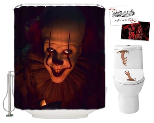 Halloween-Duschvorhang-Set für Badezimmer, It Pennywise der Clown, gruseliger Killer, Horrorfilm-Thema, Urlaub, Polyester-Dekoration mit Haken, WC-Aufkleber und 2 Postkarten,