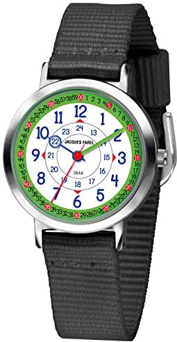 Jacques FAREL Happy Learning Kinder-Armbanduhr Lernuhr Jungen Analog Quarz Metall Textilband KOP 08