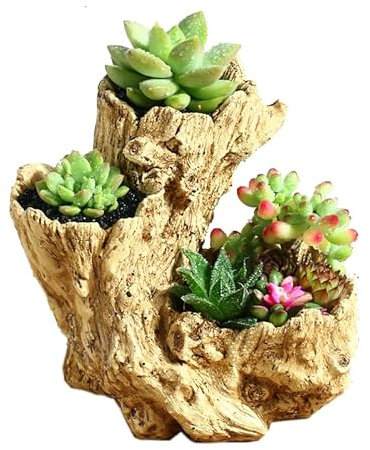 Yanmilia Künstlicher Treibholz-Übertopf, Holzähnlicher Sukkulenten-Behälter, rustikaler Kunststumpf, Pflanzgefäß, für drinnen und draußen, dekorativer Blumentopf (Stil D)