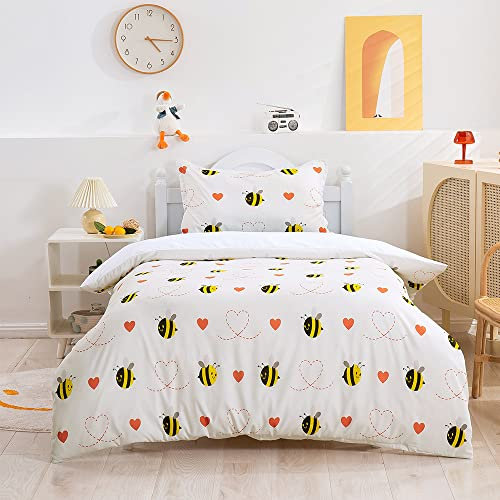 Mateju Kinder Bettwäsche Set 2 Teilige - 1 Bettbezug 135x200 cm + 1 Kissenbezug 80x80 - Bettwäsche für Jungen Mädchen, Sanft Microfaser Bettwäsche Set (Weiß - Biene,135x200cm)