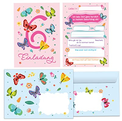 Junapack 12 Einladungskarten incl. 12 Umschläge zum 6. Kindergeburtstag sechste Geburtstag Mädchen Schmetterlinge