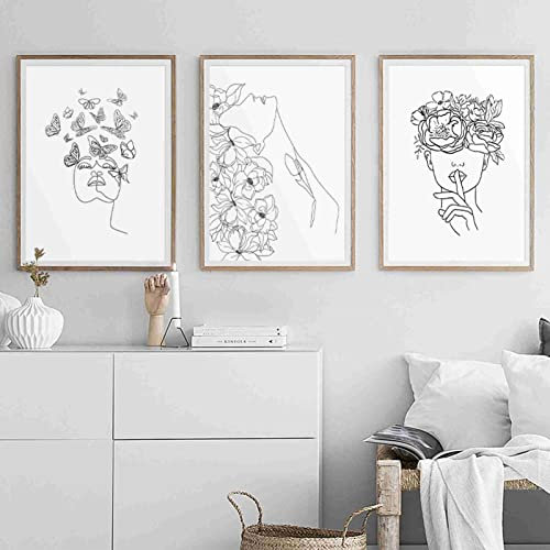 Boho Blumenkopf Wandkunst Abstrakte Linie Gesicht Zeichnung Frau mit Schmetterling Poster und Druckbilder Minimalistische Heimdekoration 40x60cmx3 Ungerahmt